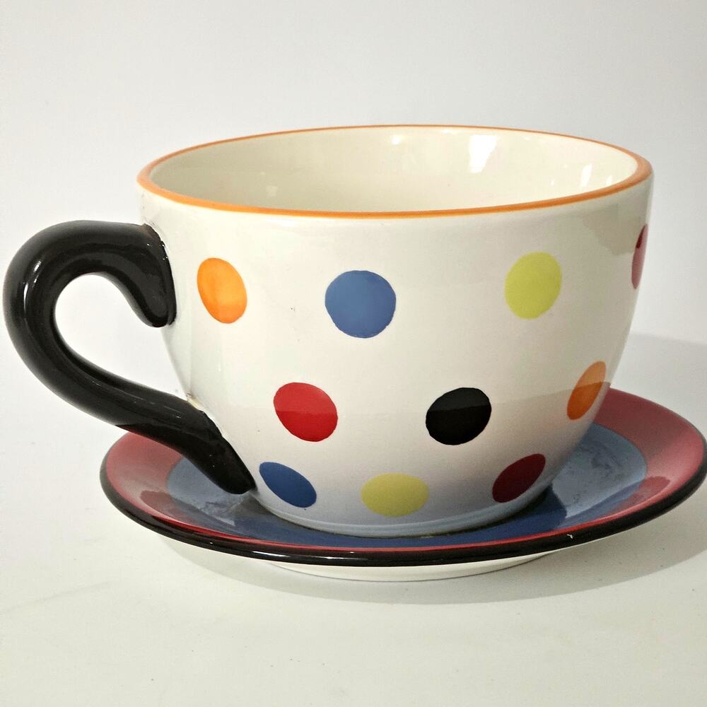 Tea cup and Saucer Planter Polka Dots 6.5" x 4"